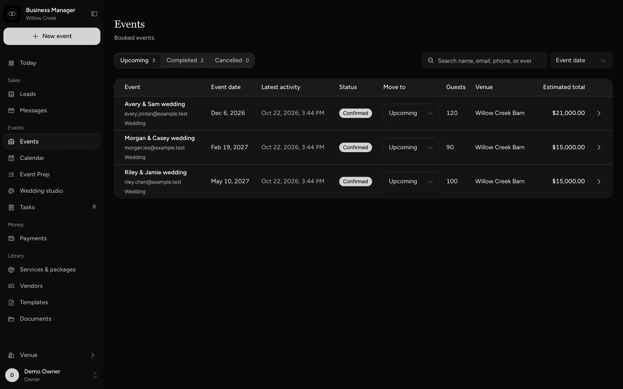 The Events list with three upcoming sample weddings, their dates, guest counts and totals.