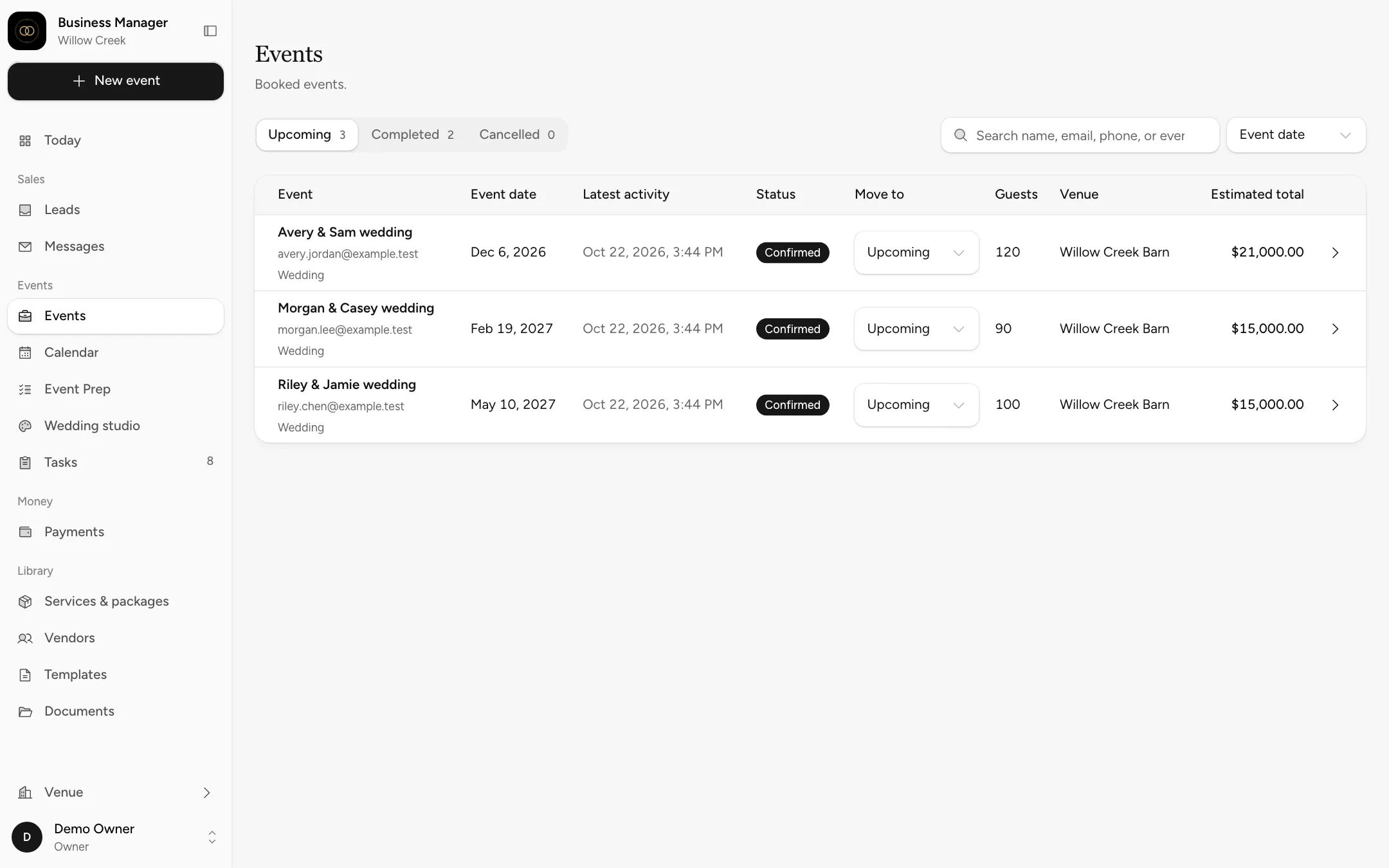 The Events list with three upcoming sample weddings, their dates, guest counts and totals.