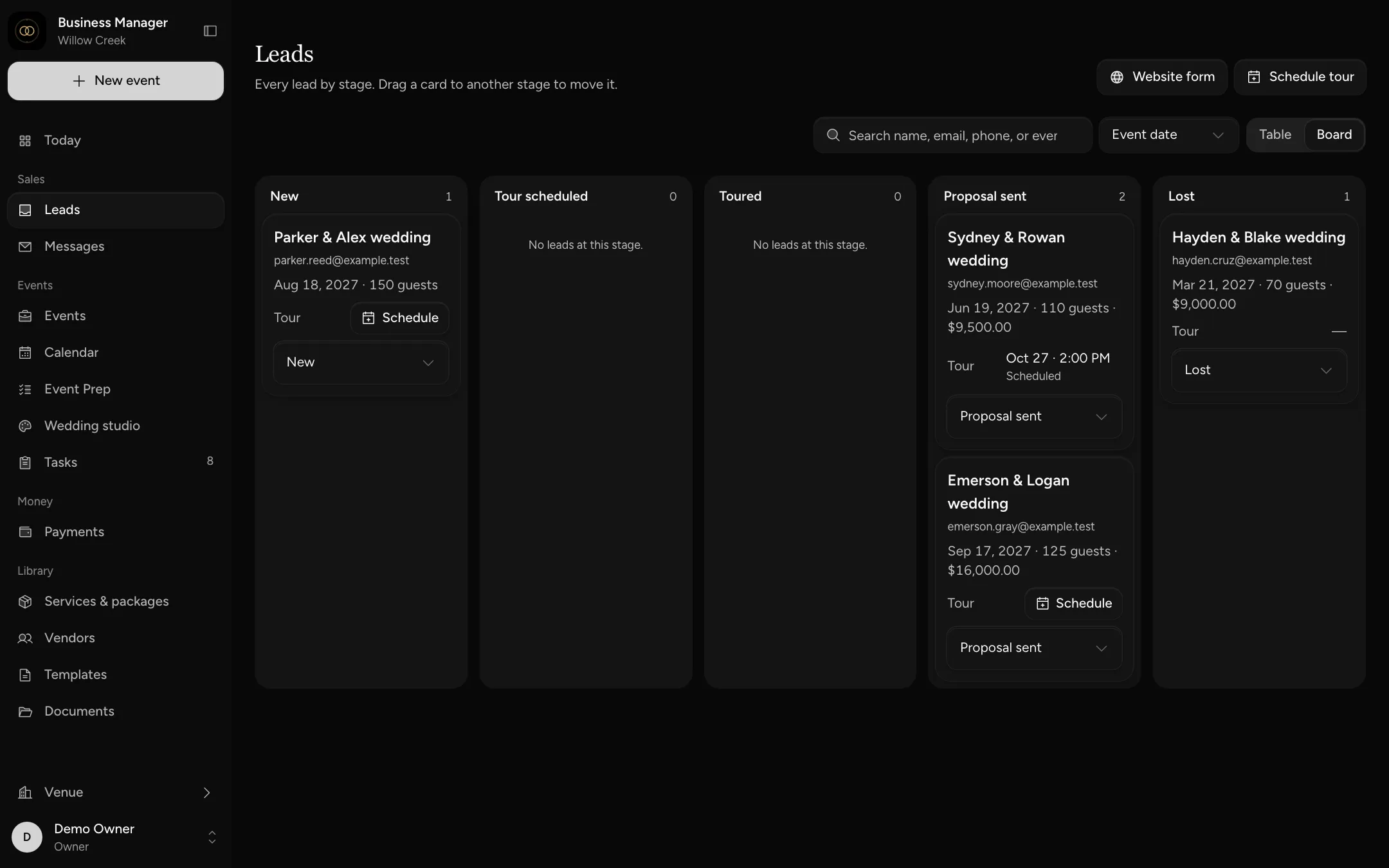 The Leads board in WIbookAI: sample couples sorted into New, Tour scheduled, Toured, Proposal sent and Lost.