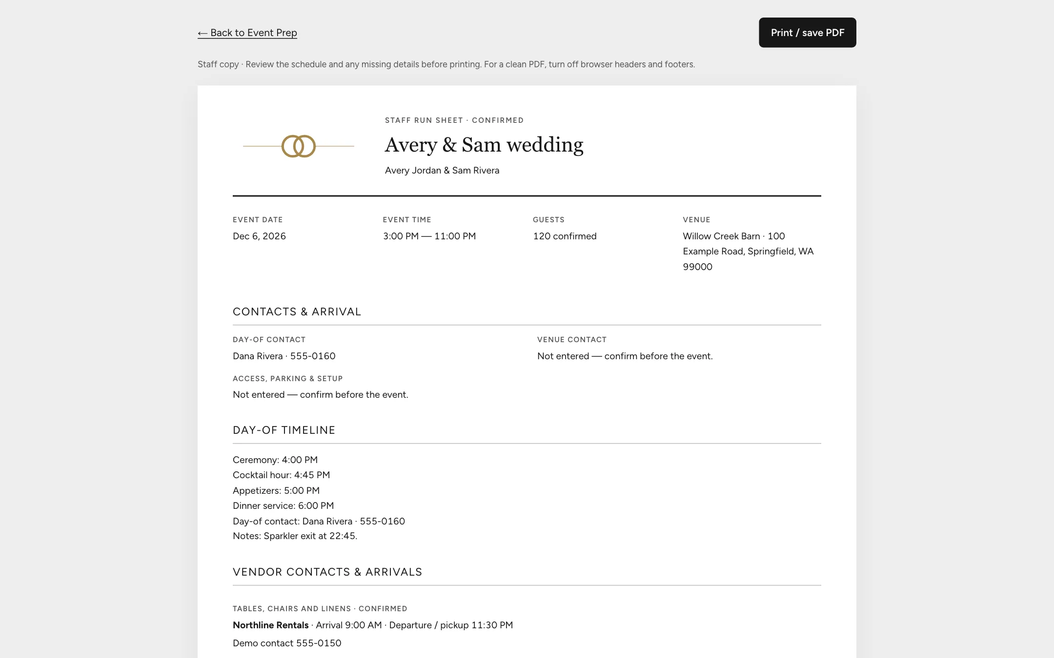 A printable staff run sheet for the sample Avery & Sam wedding.