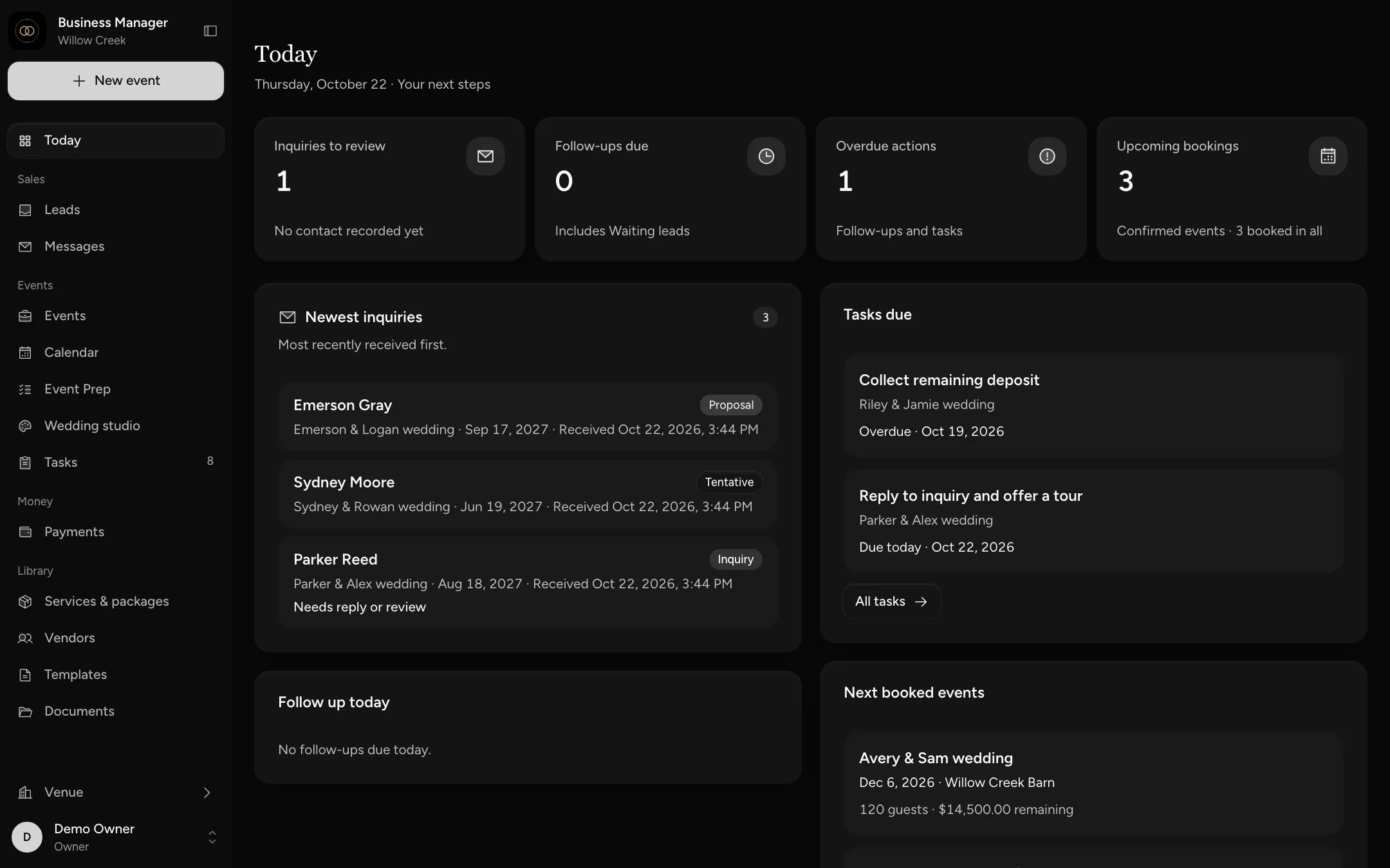 The Today screen for Willow Creek Barn: inquiries to review, tasks due and the next booked weddings.