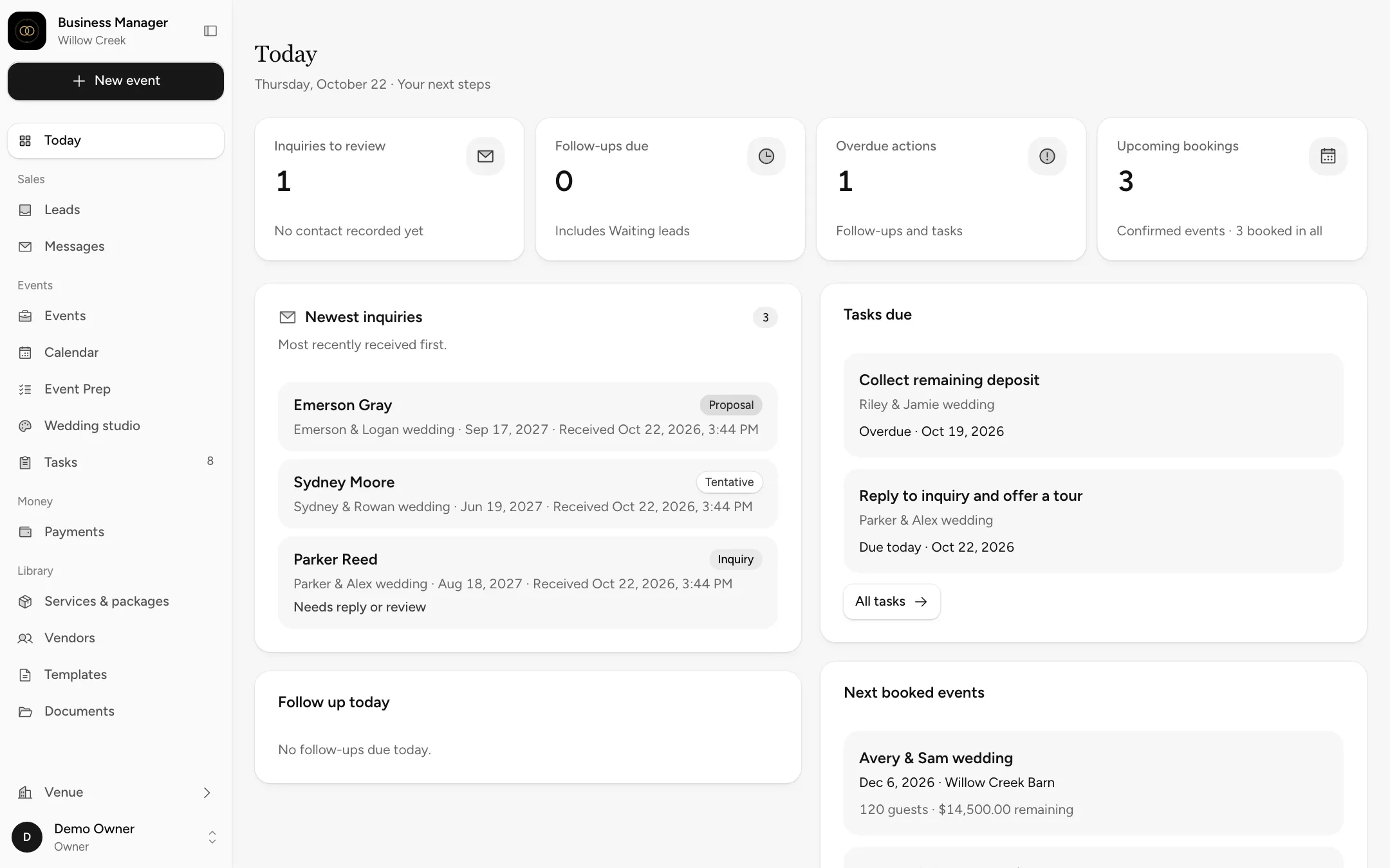 The Today screen for Willow Creek Barn: inquiries to review, tasks due and the next booked weddings.